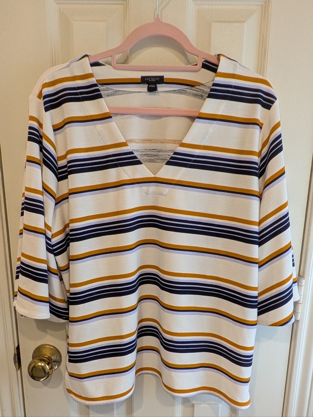 Ann Taylor Factory White V-Neck Tunic with Navy & Mustard Stripes